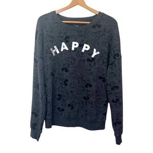 Disney Happy Mickey Sweatshirt Sz L Women's Gray Black Silver Letters Disneyland